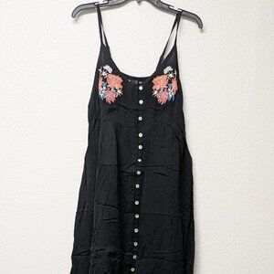 ANANDAS Black Spaghetti Straps w/ Floral Embroidery & Button Down Maxi Dress XXL